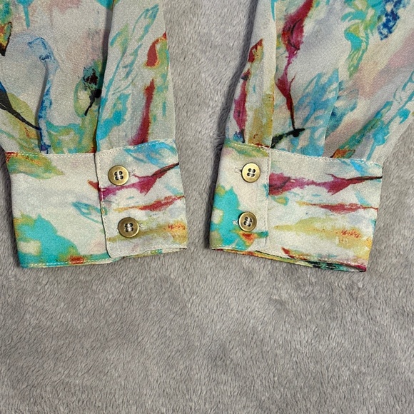 Sheer Oversized Feather Print Rachel Roy Blouse Medium Hi-Low hem Button-up Boho - Picture 4 of 9